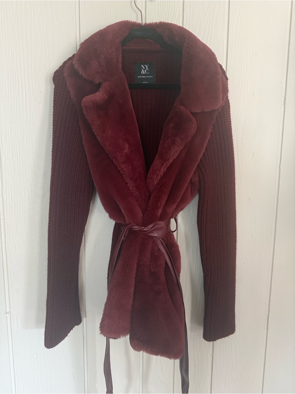 New York & Company Burgundy Faux-Fur Trim Knit Wrap Jacket